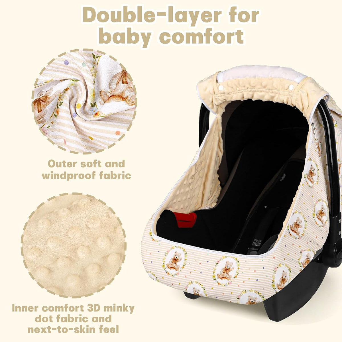 Baby Car Seat Cover with Dual Zipper, Extra Large Mesh Window Carseat Canopy, All-Season Weather Protection for Infant Car Seats & Strollers (Pink Bow)