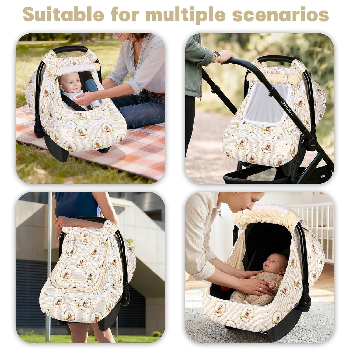 Baby Car Seat Cover with Dual Zipper, Extra Large Mesh Window Carseat Canopy, All-Season Weather Protection for Infant Car Seats & Strollers (Pink Bow)