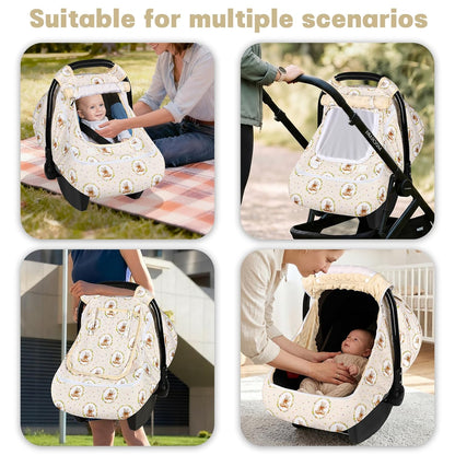 Baby Car Seat Cover with Dual Zipper, Extra Large Mesh Window Carseat Canopy, All-Season Weather Protection for Infant Car Seats & Strollers (Pink Bow)