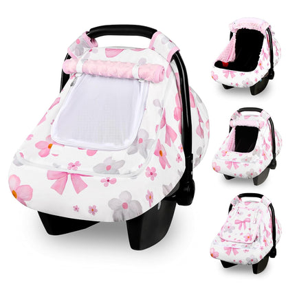 Baby Car Seat Cover with Dual Zipper, Extra Large Mesh Window Carseat Canopy, All-Season Weather Protection for Infant Car Seats & Strollers (Pink Bow)