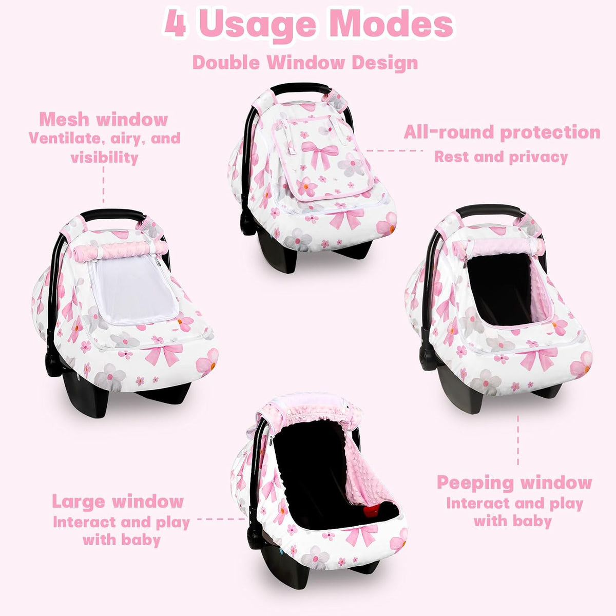 Baby Car Seat Cover with Dual Zipper, Extra Large Mesh Window Carseat Canopy, All-Season Weather Protection for Infant Car Seats & Strollers (Pink Bow)
