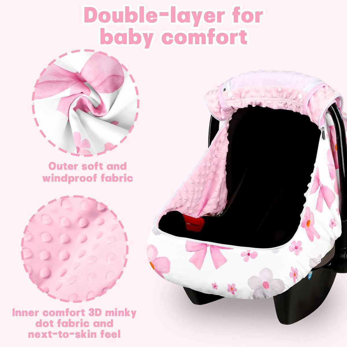 Baby Car Seat Cover with Dual Zipper, Extra Large Mesh Window Carseat Canopy, All-Season Weather Protection for Infant Car Seats & Strollers (Pink Bow)