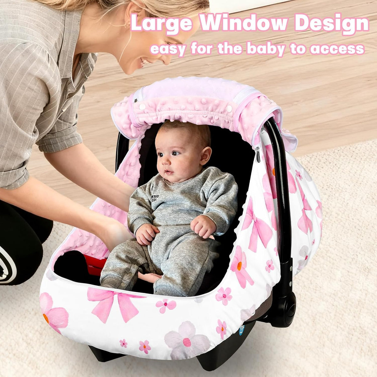 Baby Car Seat Cover with Dual Zipper, Extra Large Mesh Window Carseat Canopy, All-Season Weather Protection for Infant Car Seats & Strollers (Pink Bow)