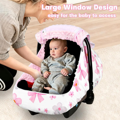 Baby Car Seat Cover with Dual Zipper, Extra Large Mesh Window Carseat Canopy, All-Season Weather Protection for Infant Car Seats & Strollers (Pink Bow)