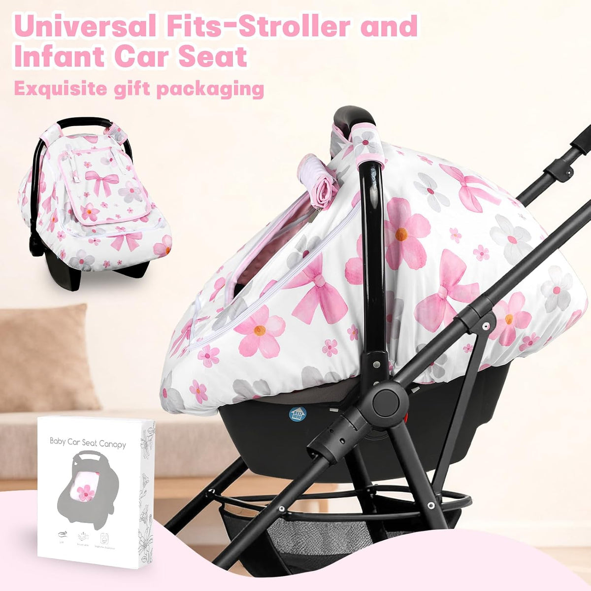 Baby Car Seat Cover with Dual Zipper, Extra Large Mesh Window Carseat Canopy, All-Season Weather Protection for Infant Car Seats & Strollers (Pink Bow)