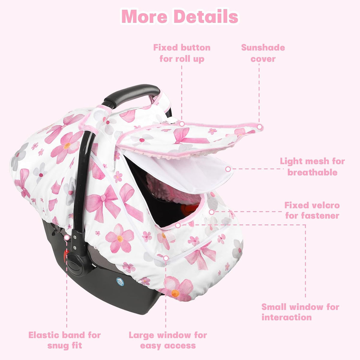 Baby Car Seat Cover with Dual Zipper, Extra Large Mesh Window Carseat Canopy, All-Season Weather Protection for Infant Car Seats & Strollers (Pink Bow)