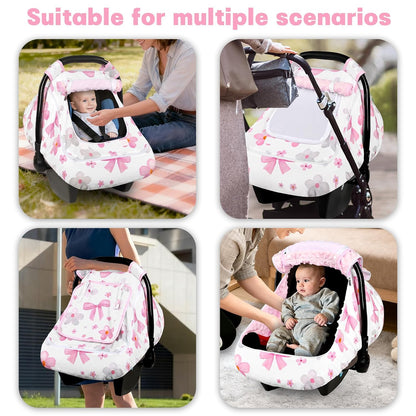 Baby Car Seat Cover with Dual Zipper, Extra Large Mesh Window Carseat Canopy, All-Season Weather Protection for Infant Car Seats & Strollers (Pink Bow)