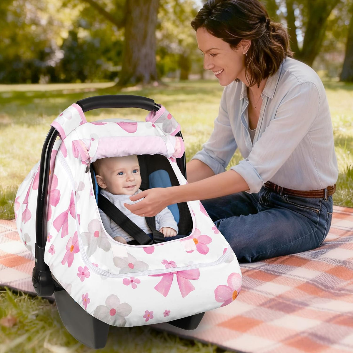 Baby Car Seat Cover with Dual Zipper, Extra Large Mesh Window Carseat Canopy, All-Season Weather Protection for Infant Car Seats & Strollers (Pink Bow)