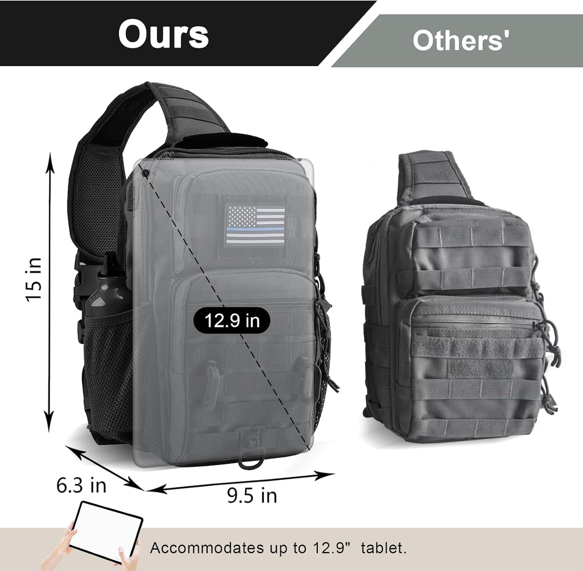 Rover Sling Pack Tactical Shoulder Sling Bag Backpack with Bottle Holder Crossbody Chest Bag, Grey