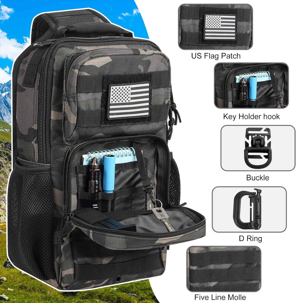 Rover Sling Pack Tactical Shoulder Sling Bag Backpack with Bottle Holder Crossbody Chest Bag, Grey