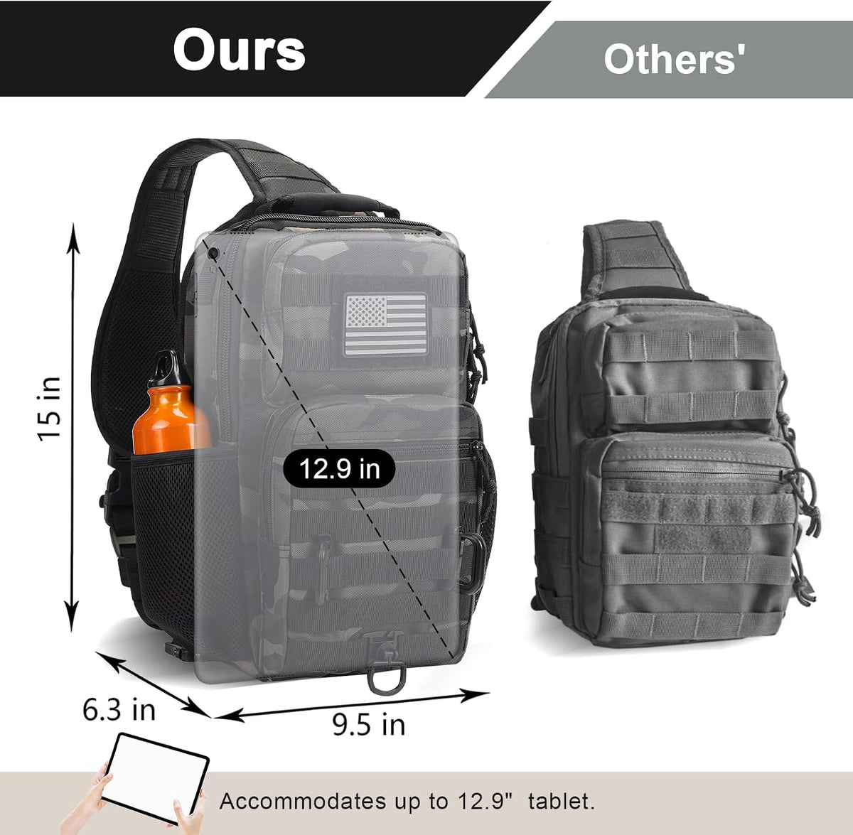 Rover Sling Pack Tactical Shoulder Sling Bag Backpack with Bottle Holder Crossbody Chest Bag, Grey