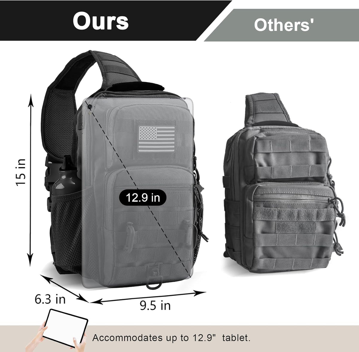 Rover Sling Pack Tactical Shoulder Sling Bag Backpack with Bottle Holder Crossbody Chest Bag, Grey