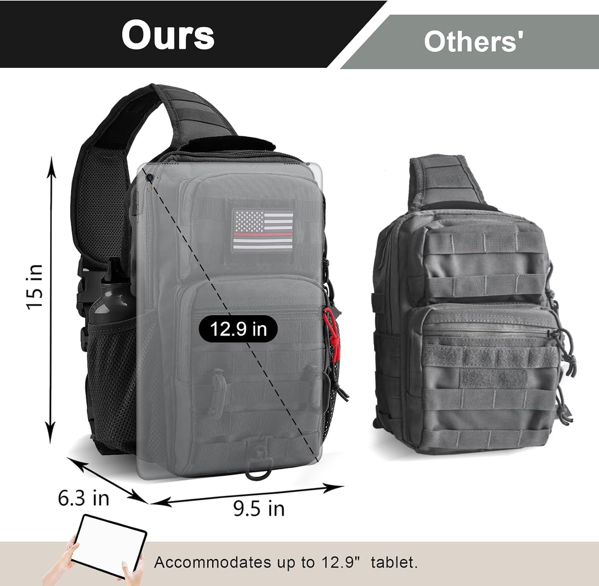 Rover Sling Pack Tactical Shoulder Sling Bag Backpack with Bottle Holder Crossbody Chest Bag, Grey
