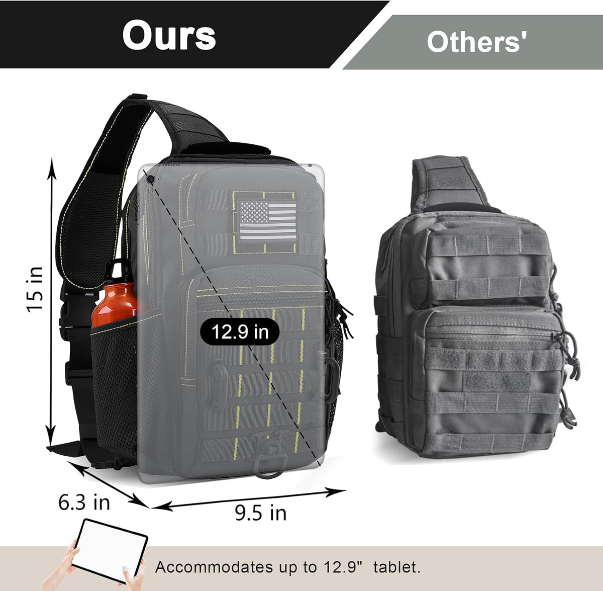 Rover Sling Pack Tactical Shoulder Sling Bag Backpack with Bottle Holder Crossbody Chest Bag, Grey