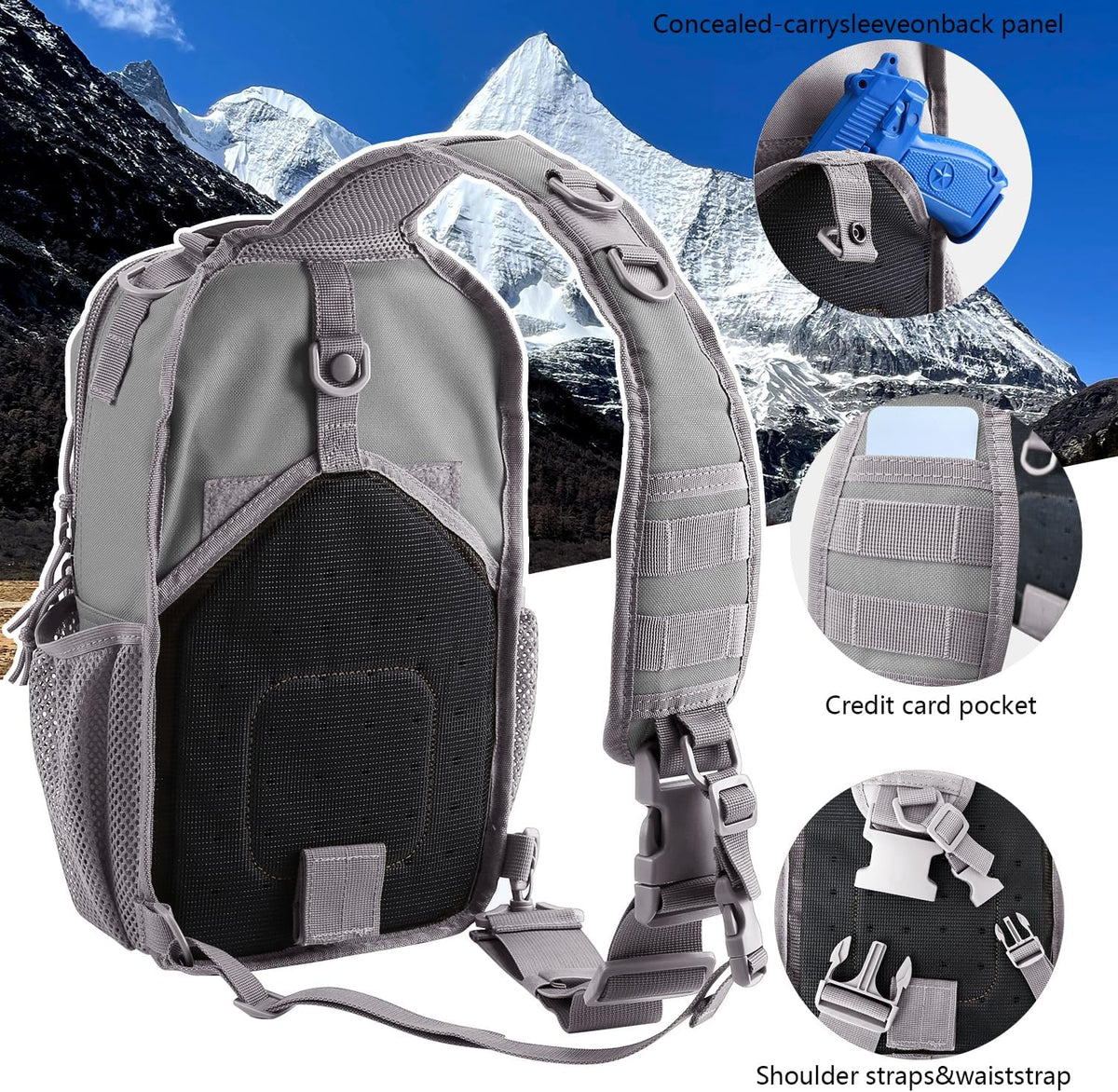 Rover Sling Pack Tactical Shoulder Sling Bag Backpack with Bottle Holder Crossbody Chest Bag, Grey