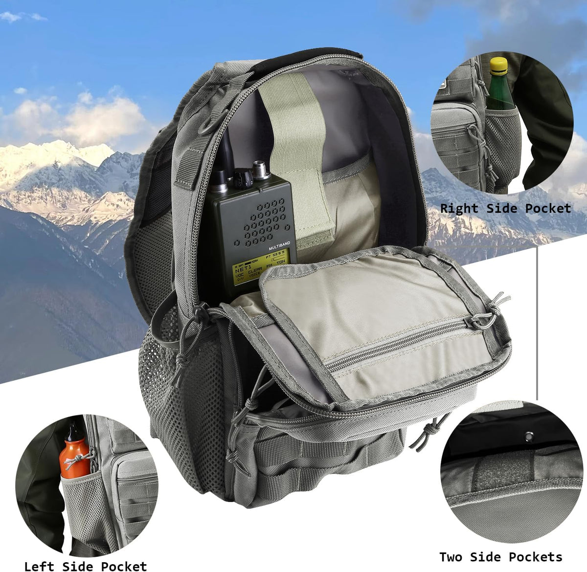 Rover Sling Pack Tactical Shoulder Sling Bag Backpack with Bottle Holder Crossbody Chest Bag, Grey