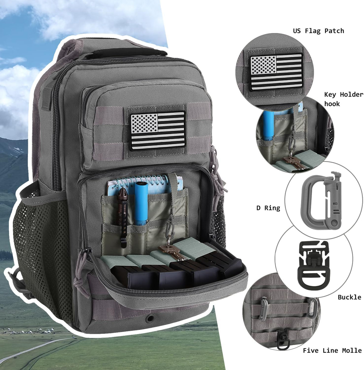 Rover Sling Pack Tactical Shoulder Sling Bag Backpack with Bottle Holder Crossbody Chest Bag, Grey