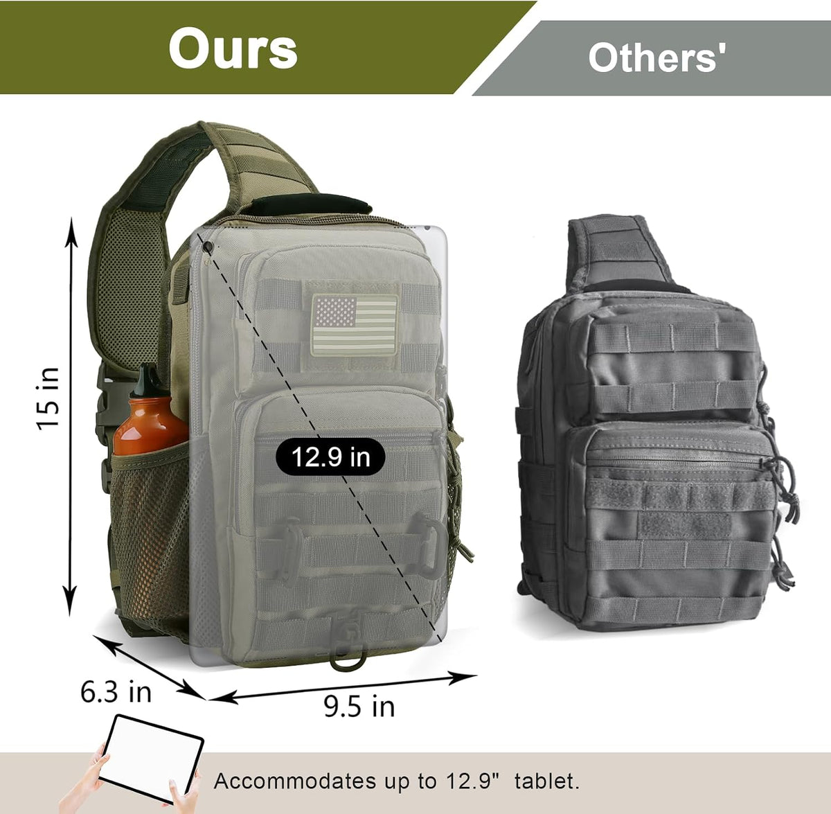 Rover Sling Pack Tactical Shoulder Sling Bag Backpack with Bottle Holder Crossbody Chest Bag, Grey