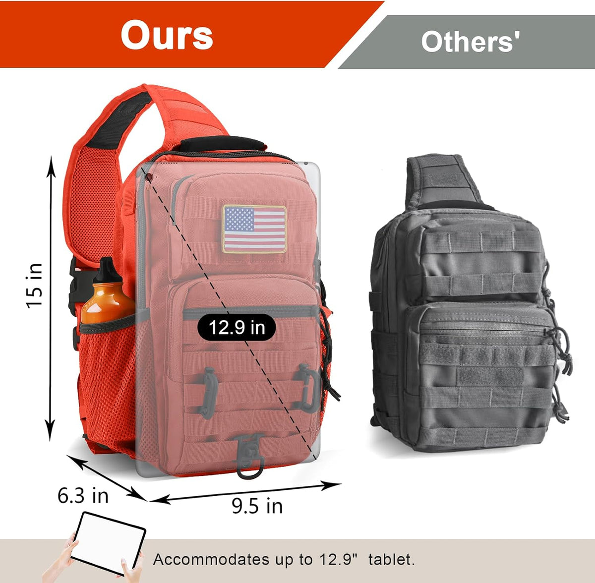 Rover Sling Pack Tactical Shoulder Sling Bag Backpack with Bottle Holder Crossbody Chest Bag, Grey