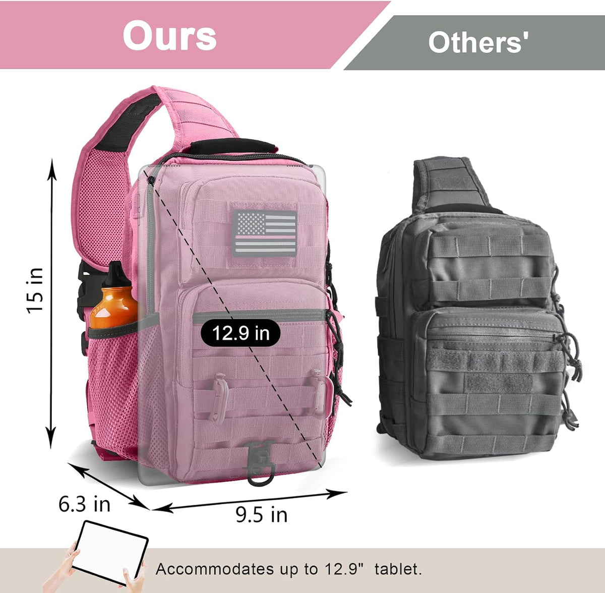 Rover Sling Pack Tactical Shoulder Sling Bag Backpack with Bottle Holder Crossbody Chest Bag, Grey