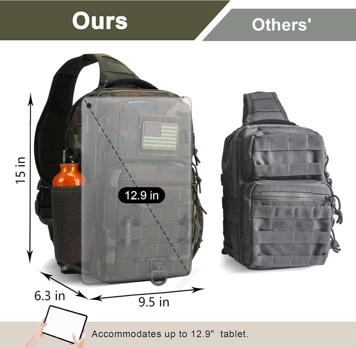 Rover Sling Pack Tactical Shoulder Sling Bag Backpack with Bottle Holder Crossbody Chest Bag, Grey