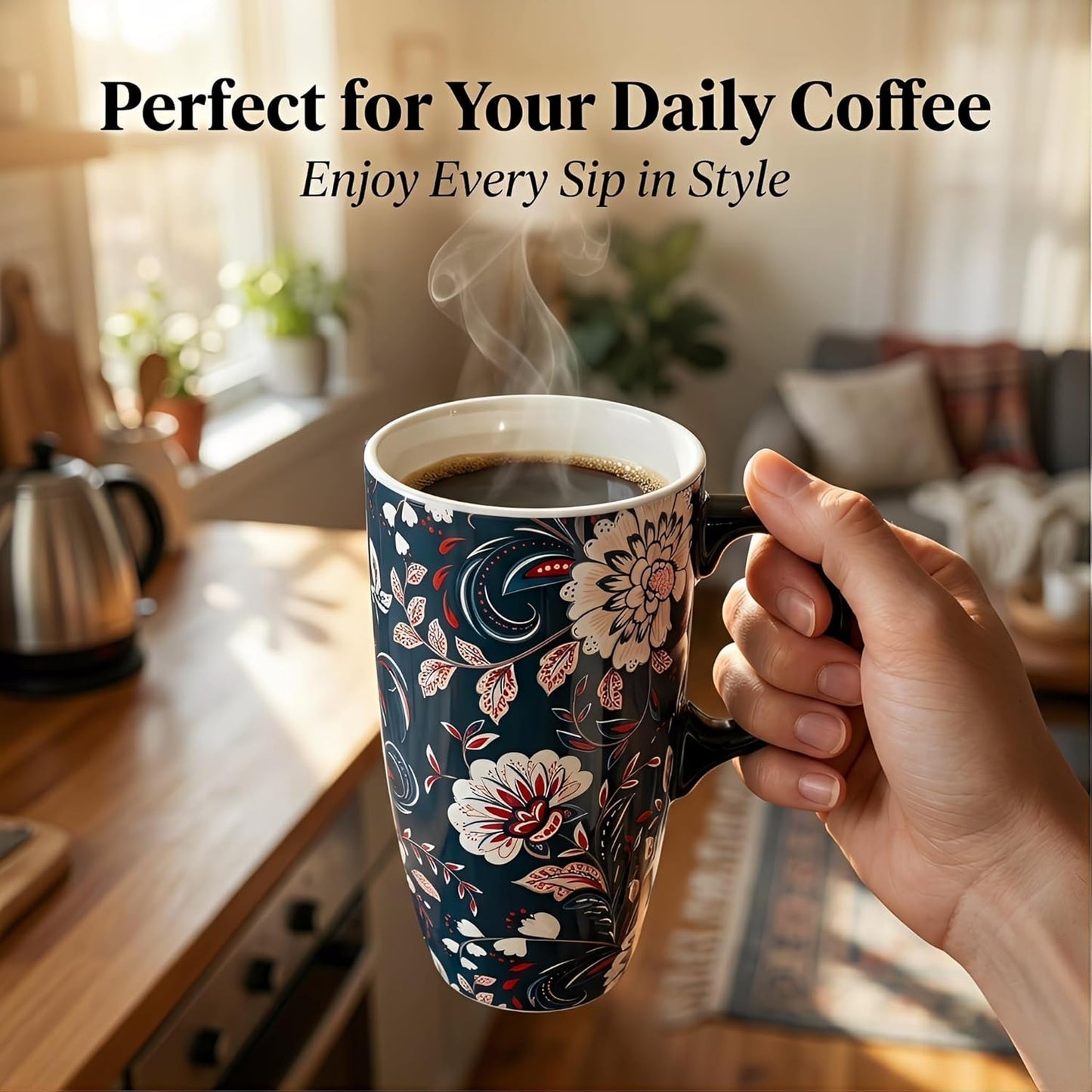17oz Ceramic Travel Mug with Lid, Bunny Coffee Mug with Handle | Pink Plaid Rabbit Travel Cup, Microwave & Dishwasher Safe, Gift Box Included