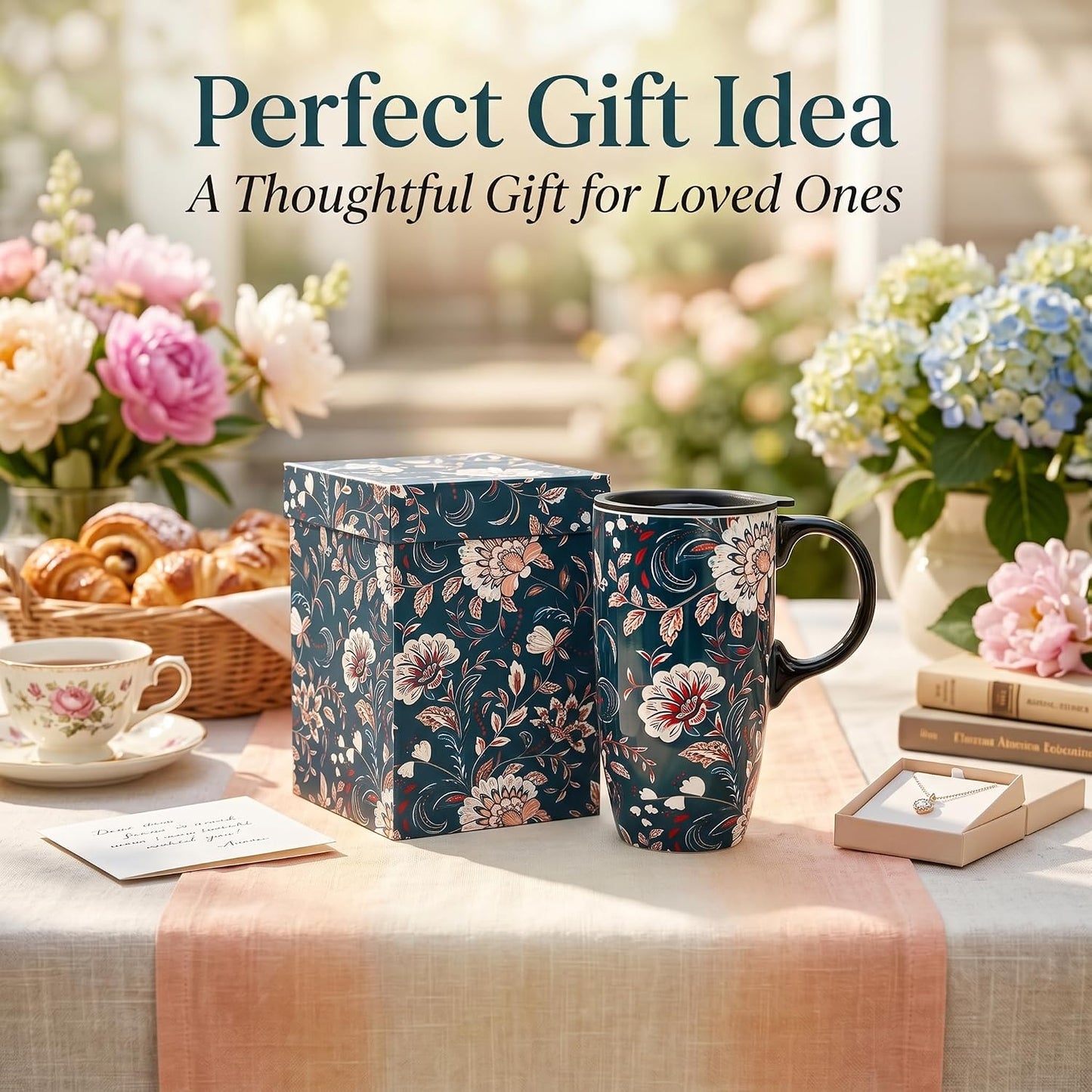 17oz Ceramic Travel Mug with Lid, Bunny Coffee Mug with Handle | Pink Plaid Rabbit Travel Cup, Microwave & Dishwasher Safe, Gift Box Included