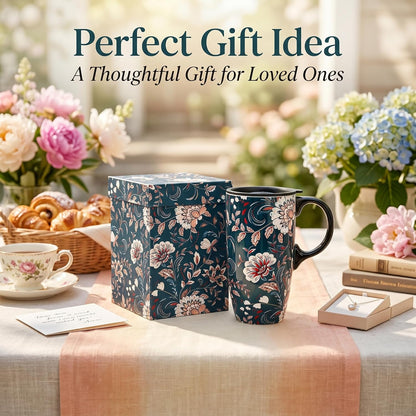 17oz Ceramic Travel Mug with Lid, Bunny Coffee Mug with Handle | Pink Plaid Rabbit Travel Cup, Microwave & Dishwasher Safe, Gift Box Included