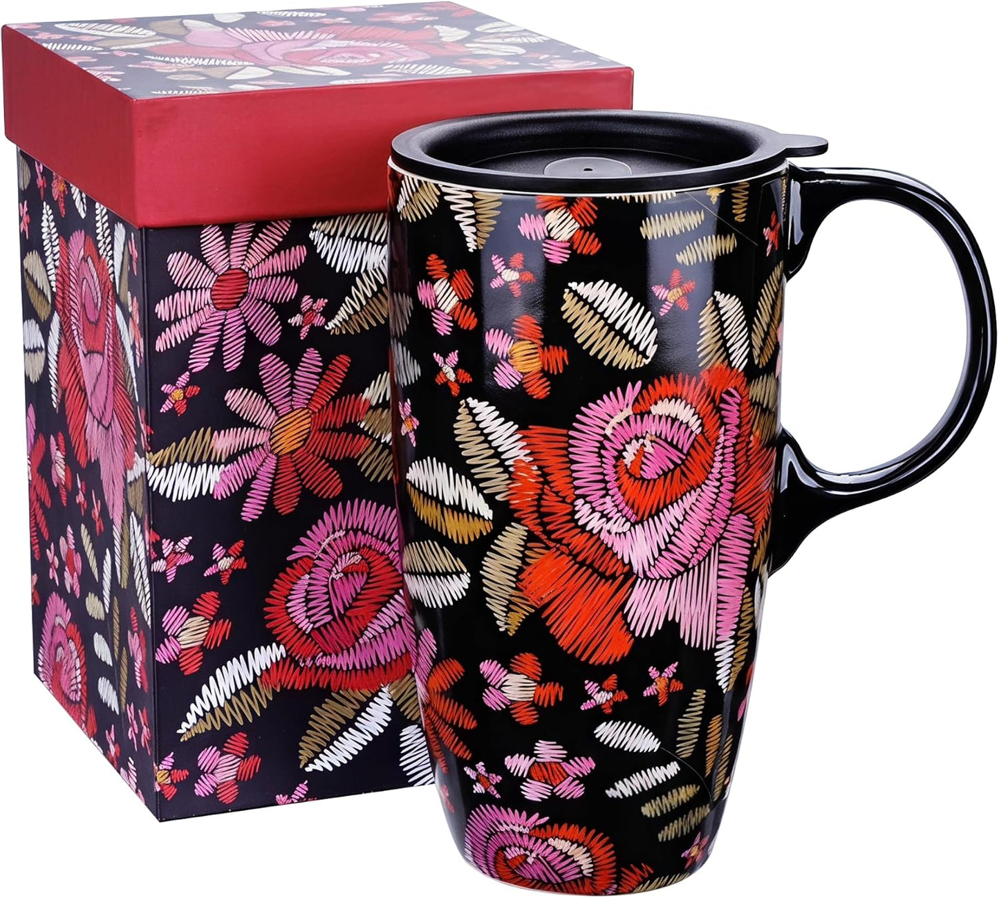 17oz Ceramic Travel Mug with Lid, Bunny Coffee Mug with Handle | Pink Plaid Rabbit Travel Cup, Microwave & Dishwasher Safe, Gift Box Included