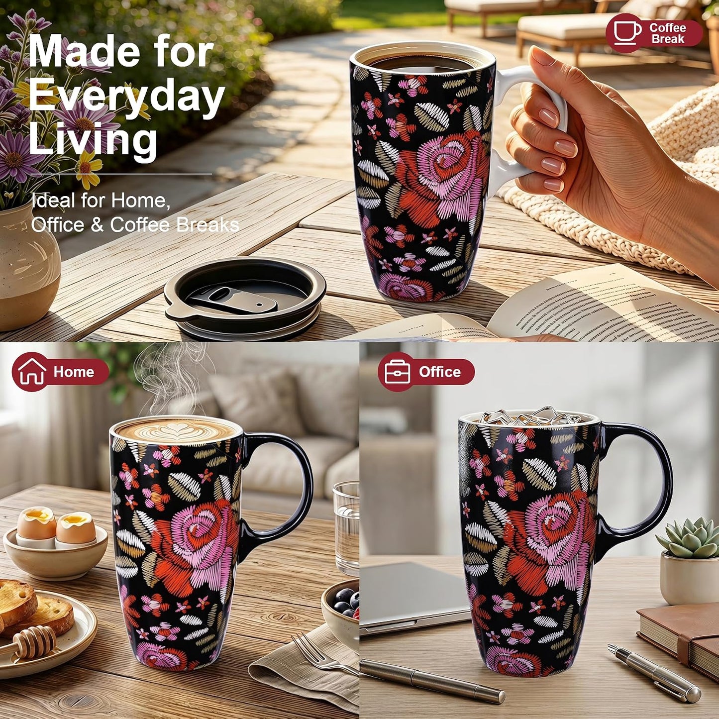 17oz Ceramic Travel Mug with Lid, Bunny Coffee Mug with Handle | Pink Plaid Rabbit Travel Cup, Microwave & Dishwasher Safe, Gift Box Included