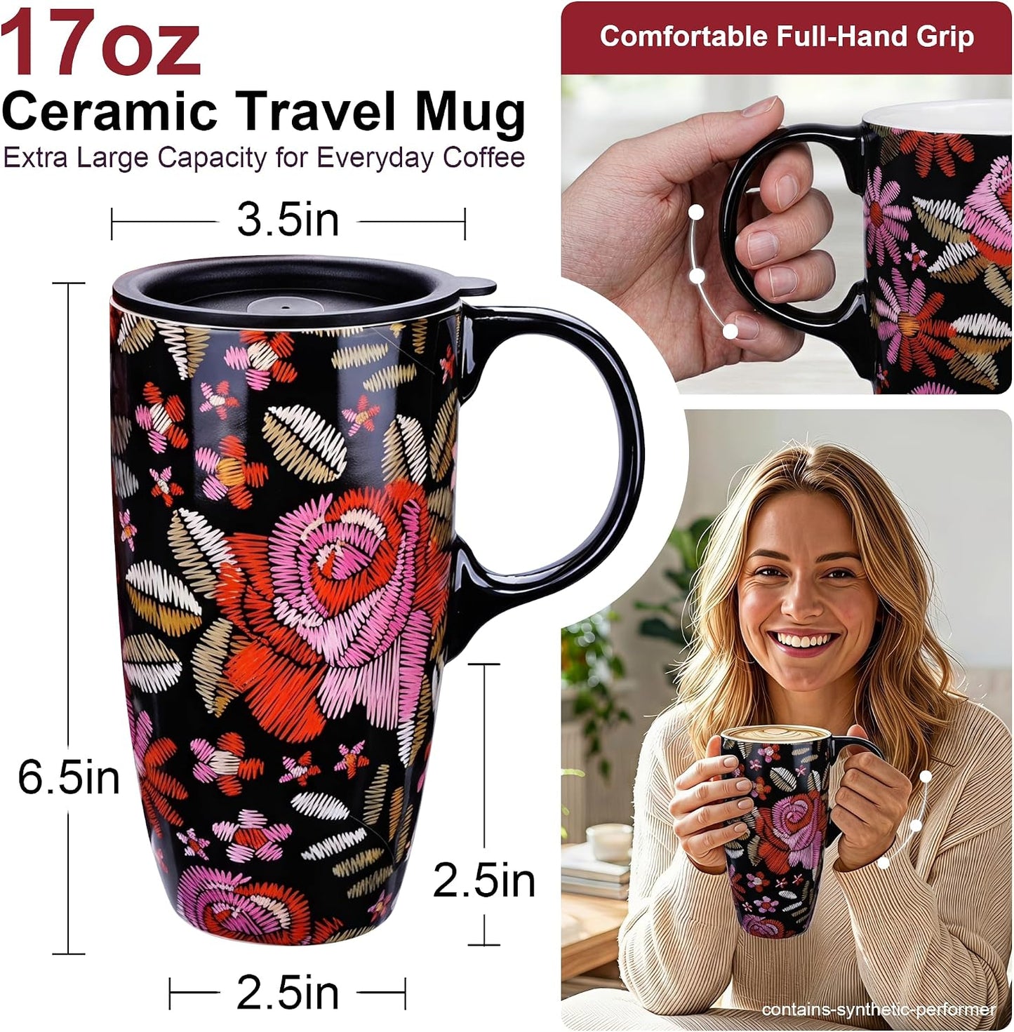 17oz Ceramic Travel Mug with Lid, Bunny Coffee Mug with Handle | Pink Plaid Rabbit Travel Cup, Microwave & Dishwasher Safe, Gift Box Included