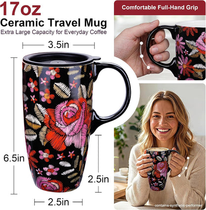 17oz Ceramic Travel Mug with Lid, Bunny Coffee Mug with Handle | Pink Plaid Rabbit Travel Cup, Microwave & Dishwasher Safe, Gift Box Included