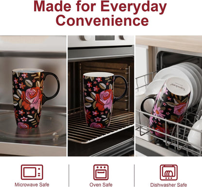 17oz Ceramic Travel Mug with Lid, Bunny Coffee Mug with Handle | Pink Plaid Rabbit Travel Cup, Microwave & Dishwasher Safe, Gift Box Included