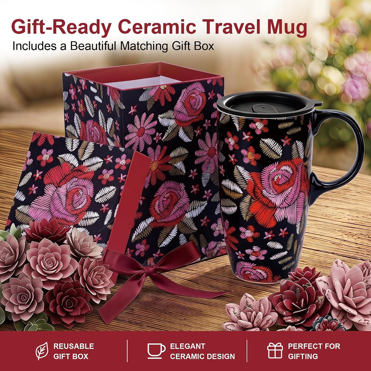 17oz Ceramic Travel Mug with Lid, Bunny Coffee Mug with Handle | Pink Plaid Rabbit Travel Cup, Microwave & Dishwasher Safe, Gift Box Included