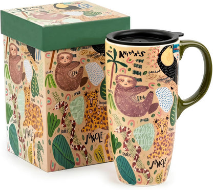 17oz Ceramic Travel Mug with Lid, Bunny Coffee Mug with Handle | Pink Plaid Rabbit Travel Cup, Microwave & Dishwasher Safe, Gift Box Included