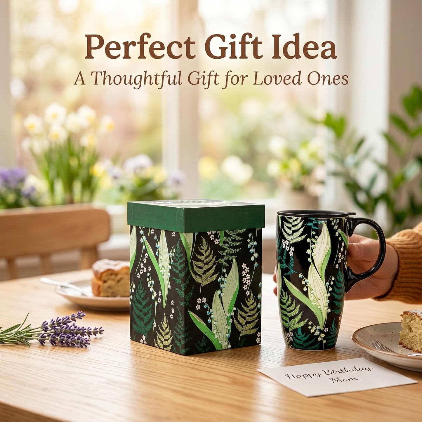 17oz Ceramic Travel Mug with Lid, Bunny Coffee Mug with Handle | Pink Plaid Rabbit Travel Cup, Microwave & Dishwasher Safe, Gift Box Included