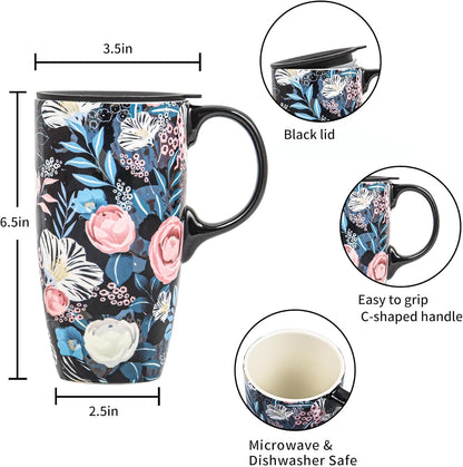 17oz Ceramic Travel Mug with Lid, Bunny Coffee Mug with Handle | Pink Plaid Rabbit Travel Cup, Microwave & Dishwasher Safe, Gift Box Included