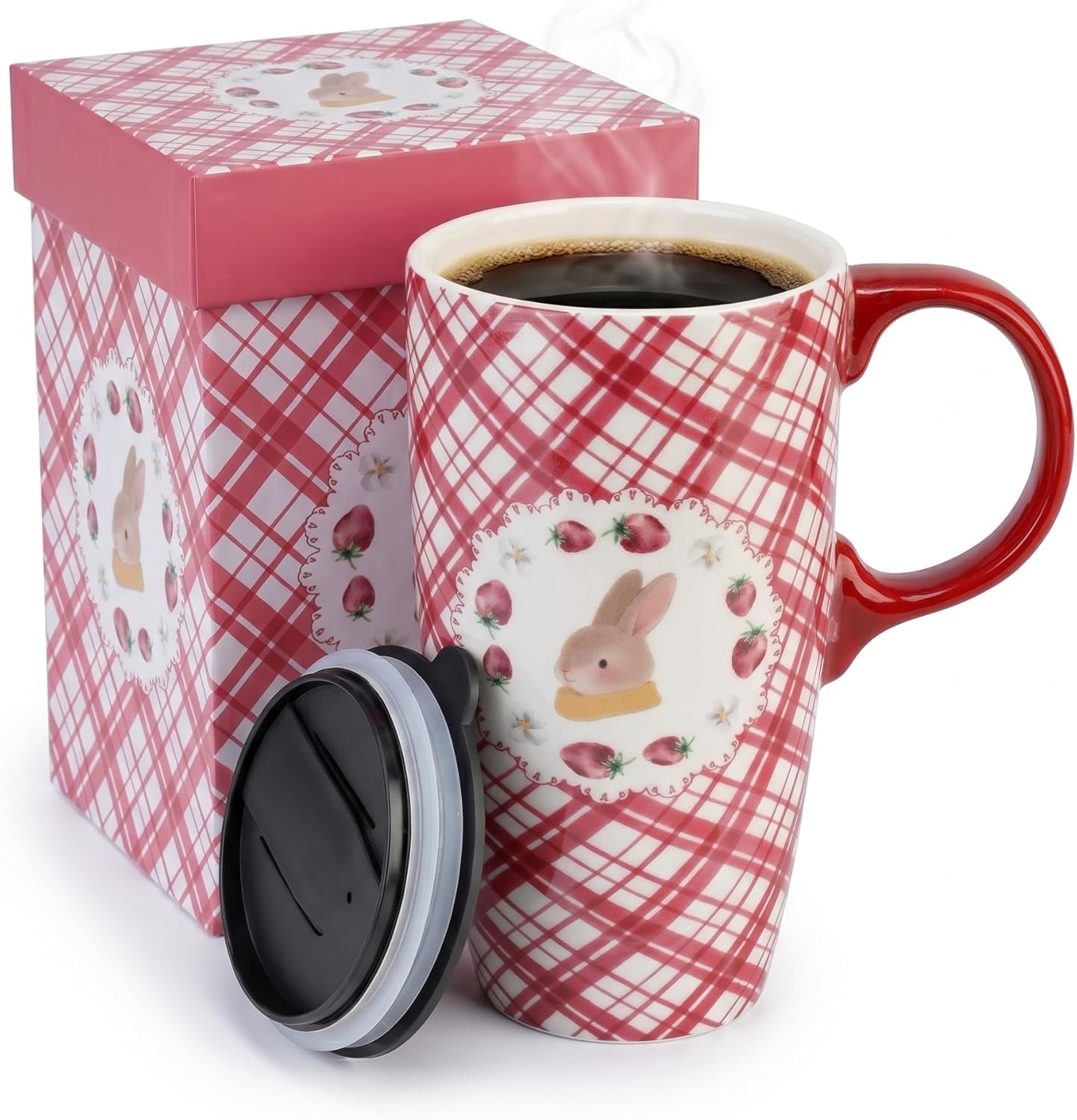 17oz Ceramic Travel Mug with Lid, Bunny Coffee Mug with Handle | Pink Plaid Rabbit Travel Cup, Microwave & Dishwasher Safe, Gift Box Included