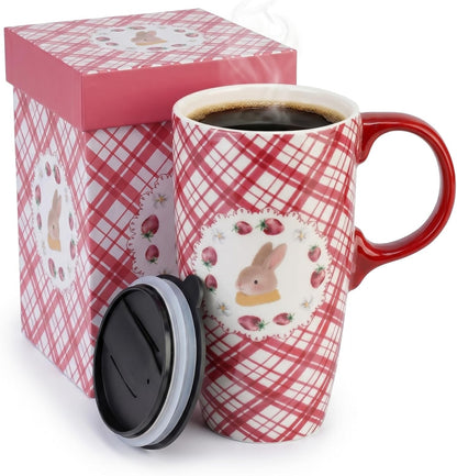 17oz Ceramic Travel Mug with Lid, Bunny Coffee Mug with Handle | Pink Plaid Rabbit Travel Cup, Microwave & Dishwasher Safe, Gift Box Included