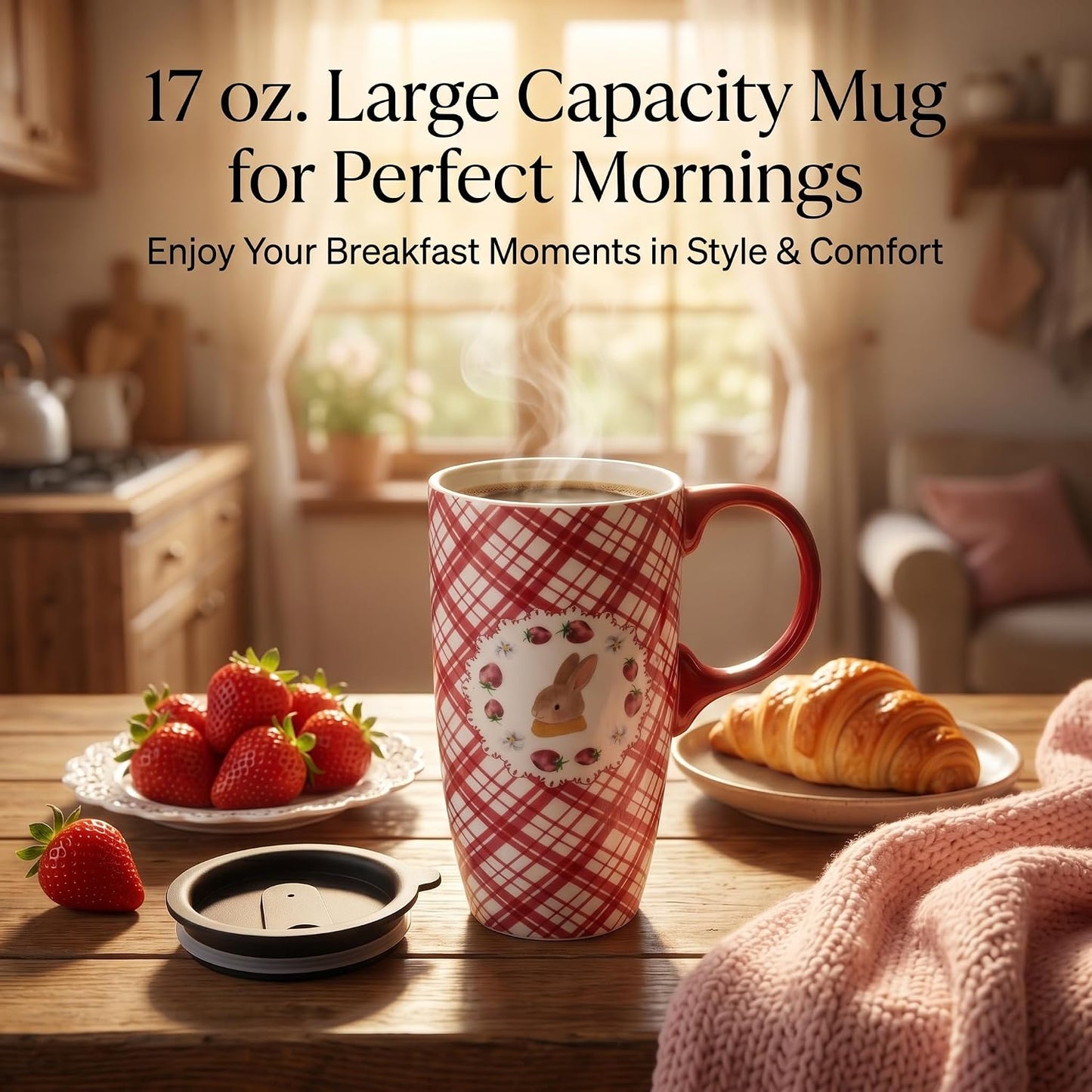17oz Ceramic Travel Mug with Lid, Bunny Coffee Mug with Handle | Pink Plaid Rabbit Travel Cup, Microwave & Dishwasher Safe, Gift Box Included