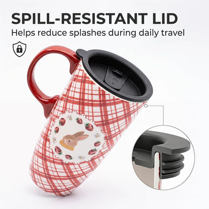 17oz Ceramic Travel Mug with Lid, Bunny Coffee Mug with Handle | Pink Plaid Rabbit Travel Cup, Microwave & Dishwasher Safe, Gift Box Included