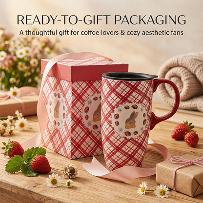 17oz Ceramic Travel Mug with Lid, Bunny Coffee Mug with Handle | Pink Plaid Rabbit Travel Cup, Microwave & Dishwasher Safe, Gift Box Included