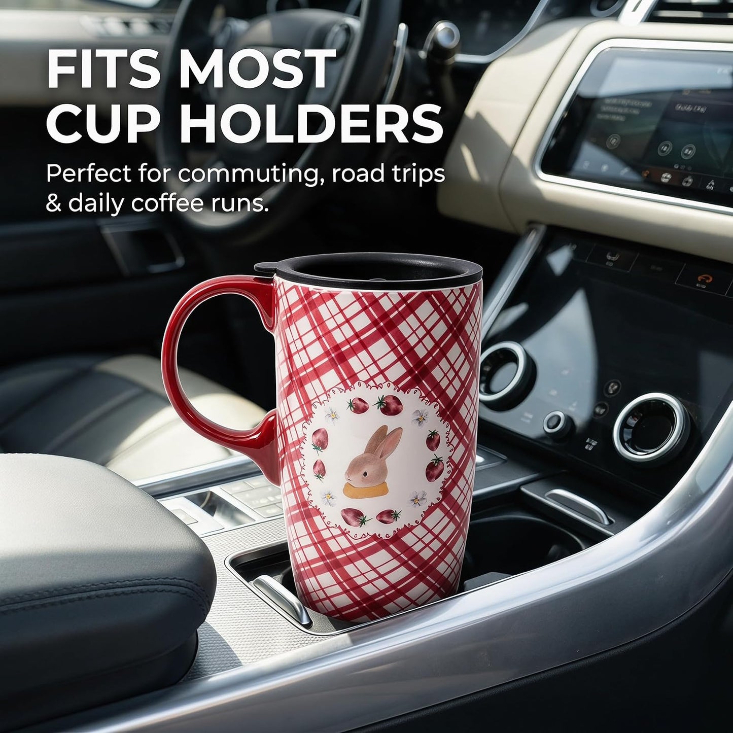 17oz Ceramic Travel Mug with Lid, Bunny Coffee Mug with Handle | Pink Plaid Rabbit Travel Cup, Microwave & Dishwasher Safe, Gift Box Included