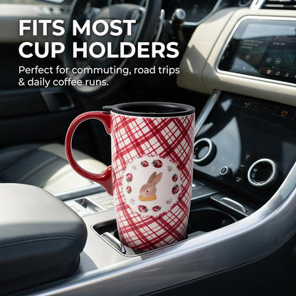 17oz Ceramic Travel Mug with Lid, Bunny Coffee Mug with Handle | Pink Plaid Rabbit Travel Cup, Microwave & Dishwasher Safe, Gift Box Included