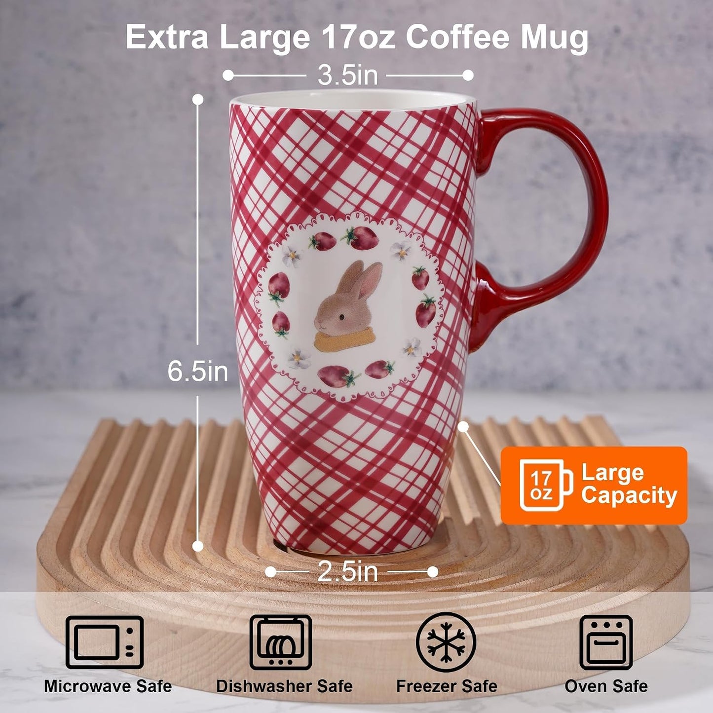 17oz Ceramic Travel Mug with Lid, Bunny Coffee Mug with Handle | Pink Plaid Rabbit Travel Cup, Microwave & Dishwasher Safe, Gift Box Included