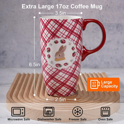 17oz Ceramic Travel Mug with Lid, Bunny Coffee Mug with Handle | Pink Plaid Rabbit Travel Cup, Microwave & Dishwasher Safe, Gift Box Included