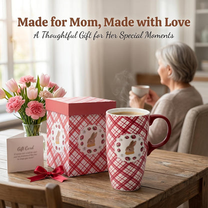 17oz Ceramic Travel Mug with Lid, Bunny Coffee Mug with Handle | Pink Plaid Rabbit Travel Cup, Microwave & Dishwasher Safe, Gift Box Included