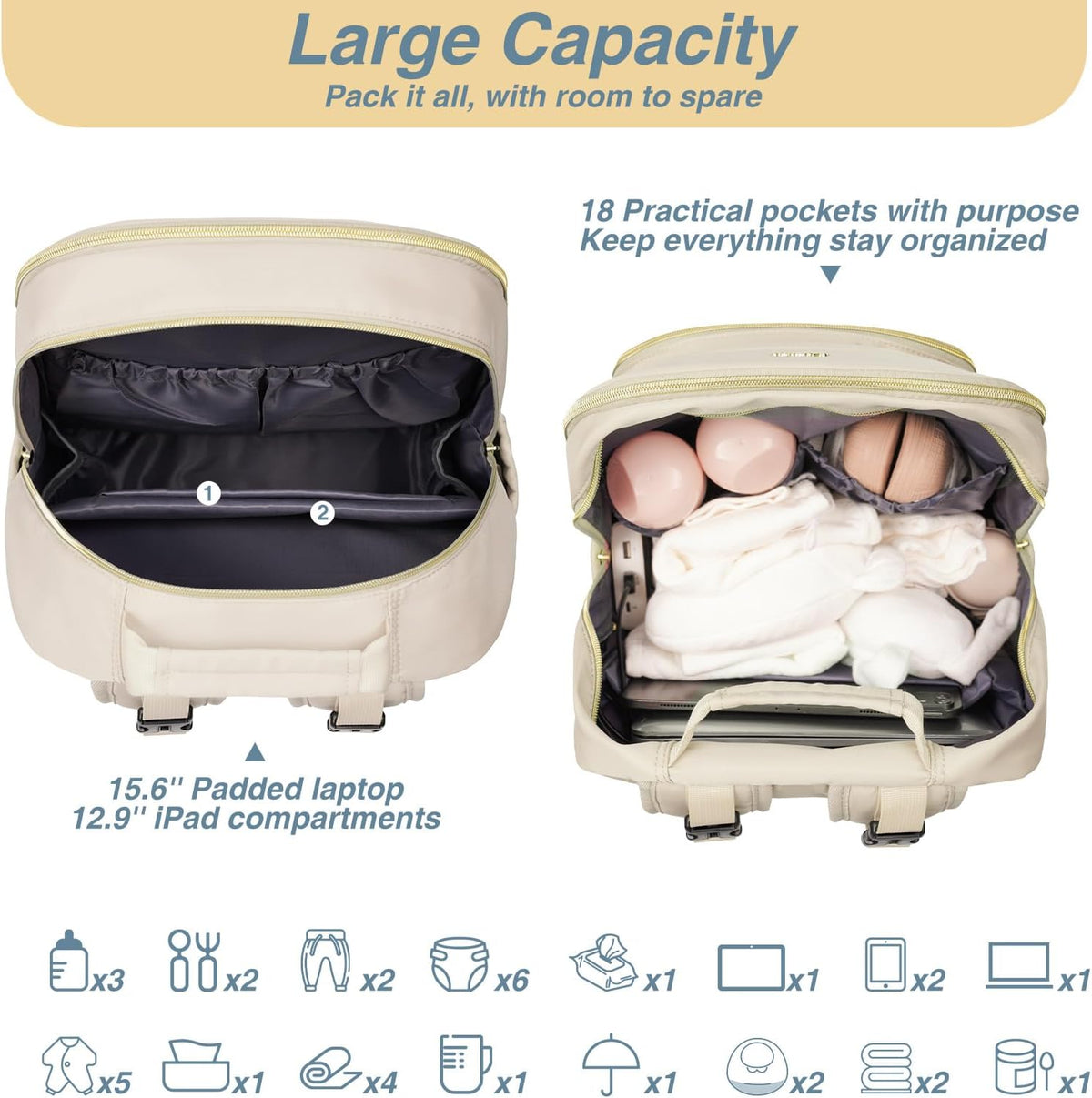 MOMUVO Diaper Backpack for Women Large Capacity with Insulated Pockets Diaper Bags For Baby Girl Boy Waterproof Baby Bags