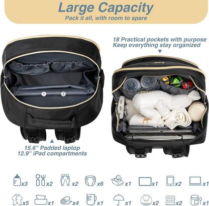MOMUVO Diaper Backpack for Women Large Capacity with Insulated Pockets Diaper Bags For Baby Girl Boy Waterproof Baby Bags
