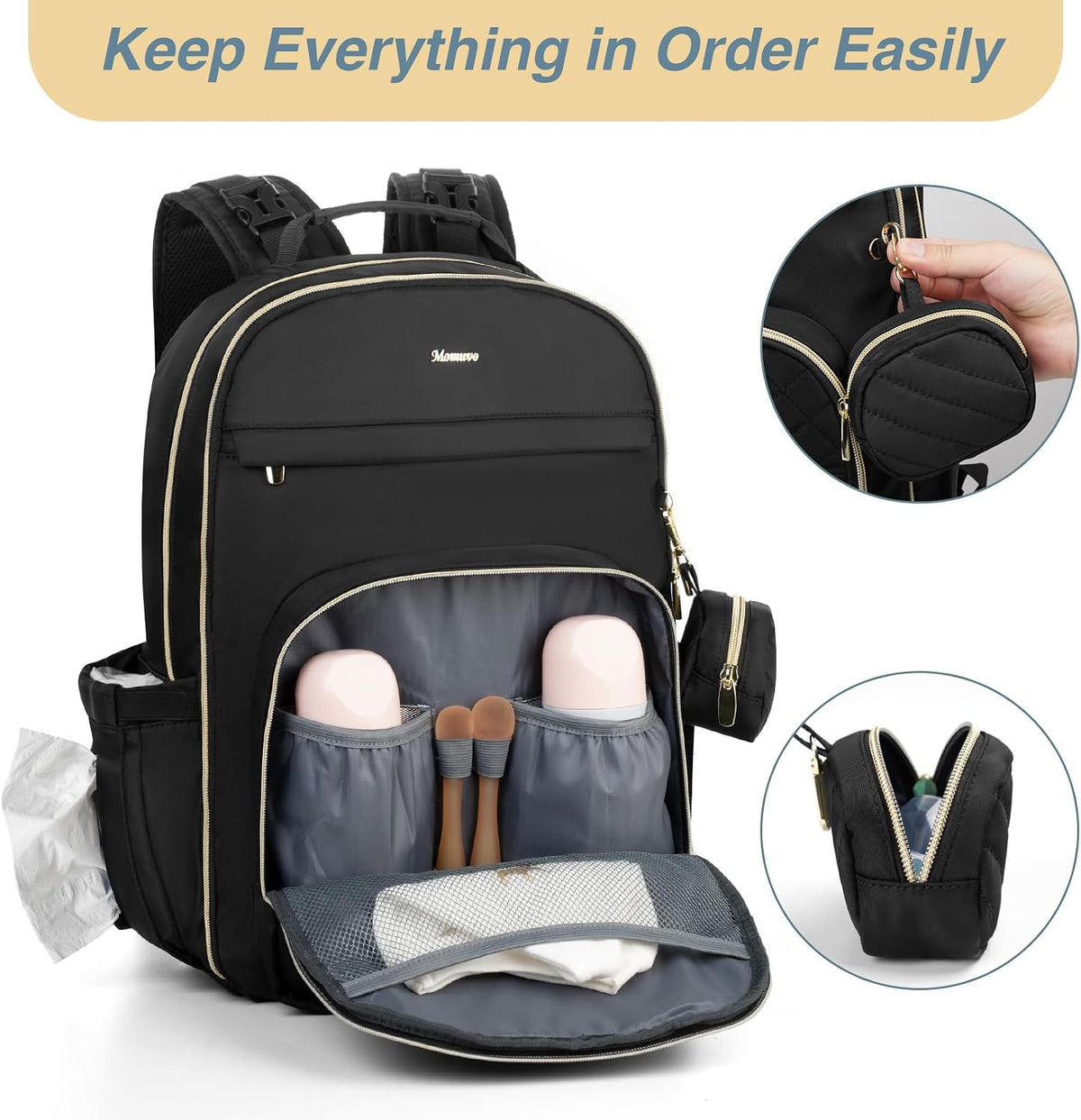 MOMUVO Diaper Backpack for Women Large Capacity with Insulated Pockets Diaper Bags For Baby Girl Boy Waterproof Baby Bags